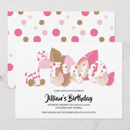 Giraffe rose Invitation de fête d'anniversaire (Devant / Derrière)