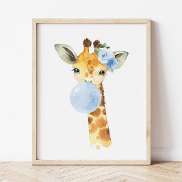 Giraffe, Safari, Blue Bubble Gum, Boy Nursery Foto Afdruk
