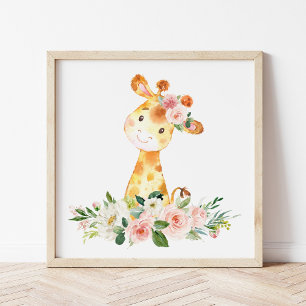 Giraffe, Safari, roze bloemen, meisjessery Foto Afdruk
