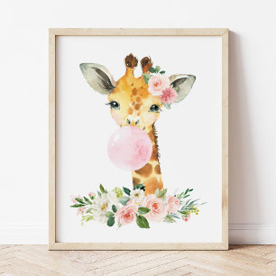 Giraffe, Safari, roze bubble gum, Girl Nursery Foto Afdruk