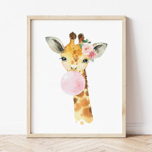 Giraffe, Safari, roze bubble gum, Girl Nursery Foto Afdruk