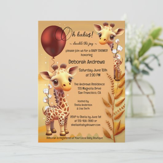 Giraffe Safari Tweeling Baby Shower Kaart (Staand voorkant)