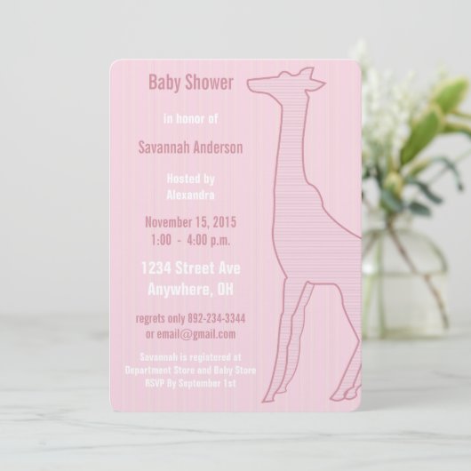 Giraffe streep baby meisje douche uitnodiging (Staand voorkant)