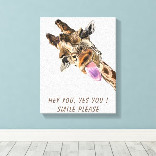 Giraffe Tongue Out Playful Canvas Print Smile (Insitu (Houten vloer))