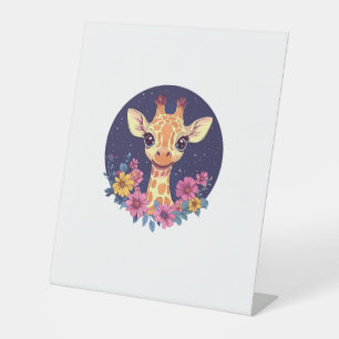 Giraffe tussen de bloemen onder Sterrennacht charm Reclamebord Met Voetstuk
