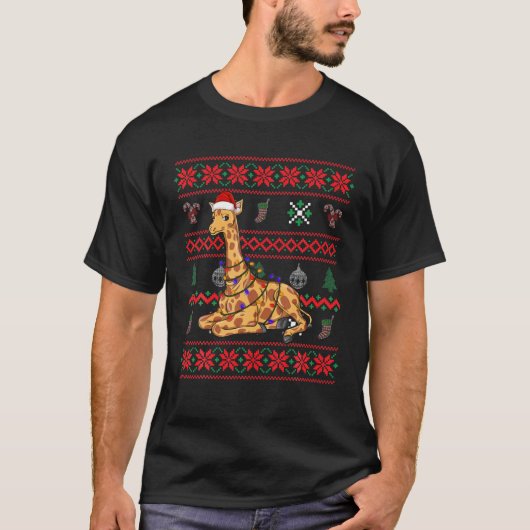 Giraffe Ugly Kerstman Funny Santa Hat Claus Pajam T-shirt (Voorkant)