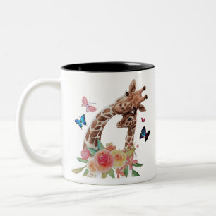 Giraffe van baby en moeder met botervliegen tweekleurige koffiemok