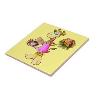 Giraffe van keramische Tegel, Floral, chocolade, g Tegeltje