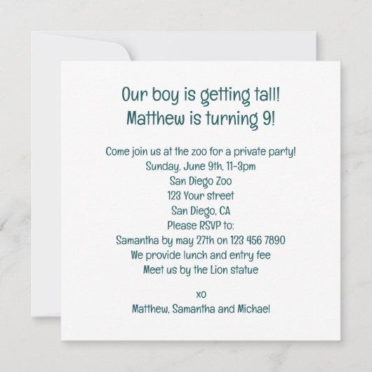 Giraffe verjaardagsuitnodiging, Zoo verjaardagsuit Kaart (Achterkant)