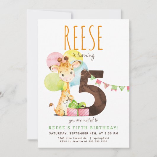 Giraffe Vijfde Verjaardagsfeestuitnodiging Kaart (Voorkant)