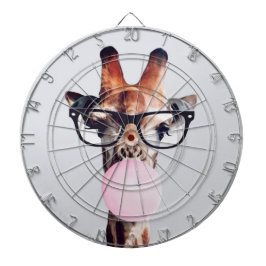 Giraffe wearing glasses blowing a pink bubble gum dartbord