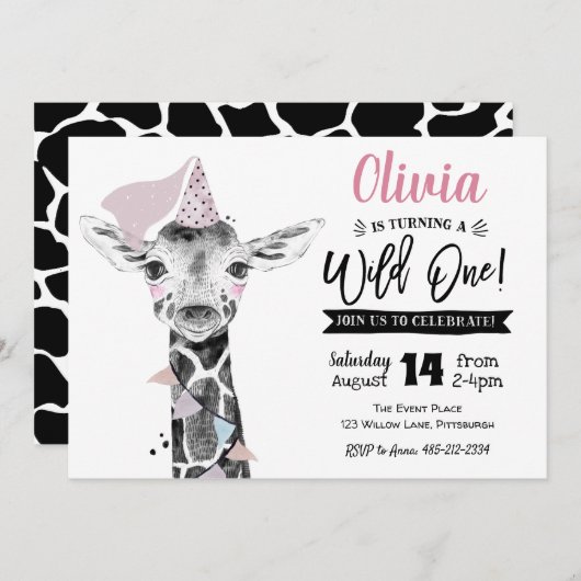 Giraffe Wild One | Invitation d'anniversaire pour  (Devant / Derrière)