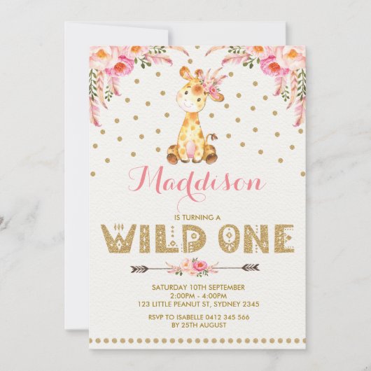 Giraffe WILT ÉÉN uitnodiging roze goudplein (Voorkant)