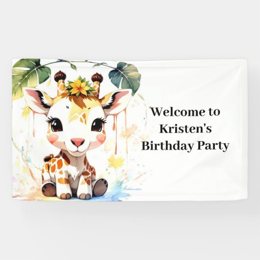 Giraffe Wonderland Baby bewerkbare verjaardag Spandoek (Horizontaal)