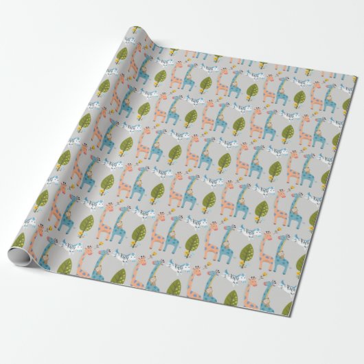 Giraffe Zebra en apenpatroon Cadeaupapier (Uitgerold)