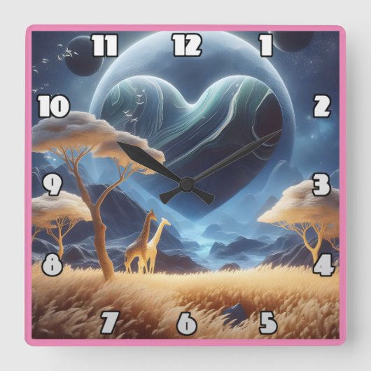 Giraffes in een kosmisch landschap vierkante klok (Voorkant)