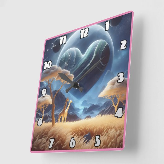 Giraffes in een kosmisch landschap vierkante klok (Hoek)