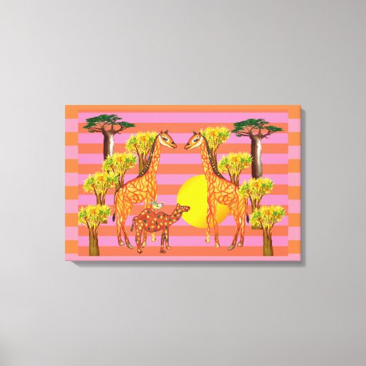 Giraffes, kameel en een vogeldoek canvas afdruk (Voorkant)