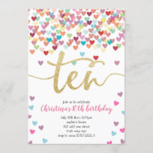Girl 10th Birthday Hearts Confetti Rainbow Glitter