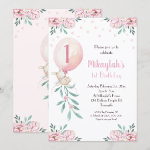 Girl 1st Birthday Invitation Balloons Bunny Party Kaart