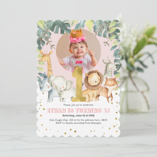Girl 1st Birthday Safari Oerwoud dieren roze foto Kaart (Staand voorkant)