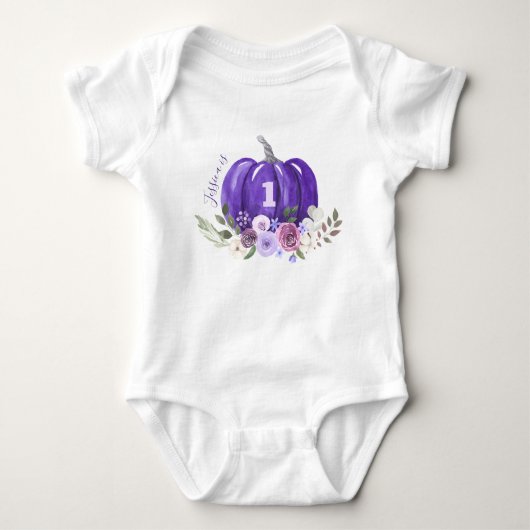 Girl 1st Halloween Birthday Paars Pumpkin & Name Romper (Voorkant)