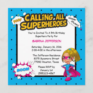 Girl 5x5 Comic Superheld Birthday Party Invitation Kaart