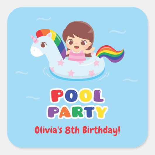 Girl à Unicorn Float Pool Birthday Party Stickers (Devant)