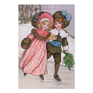 Girl and boy ice skating - Florence Hardy Perfect Poster