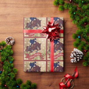 Girl and Horse Jumping Merry-kerstgouden kerst Cadeaupapier