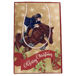 Girl and Horse Jumping Merry-kerstgouden kerst Medium Cadeauzakje