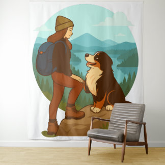 Girl and Mountain Dog Adventure Illustration Wandkleed
