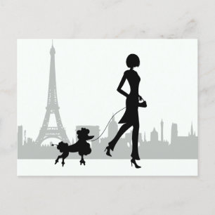 Girl and Poodle Paris Skyline Eiffel Tower Briefkaart