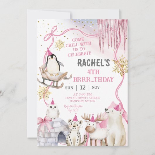 Girl Arctic Animals Birthday Party Invitation (Devant)