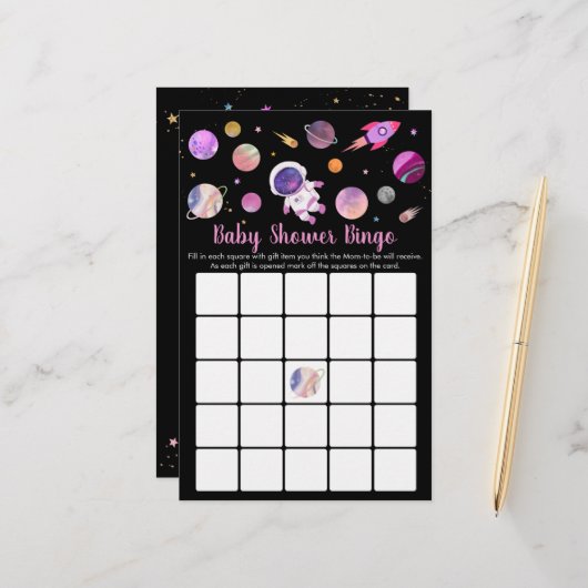 Girl Astronaut Outer Space Baby shower Bingo (Voorkant / Achterkant in situ)