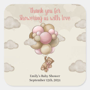 Girl baby beer roze bruine ballonnen baby shower vierkante sticker