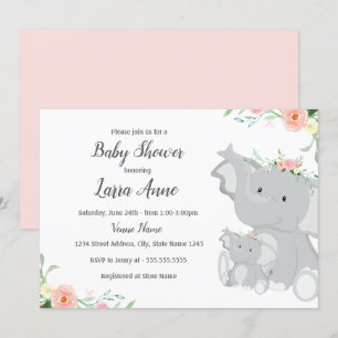 Girl Baby Elephant Baby shower Invitation Kaart