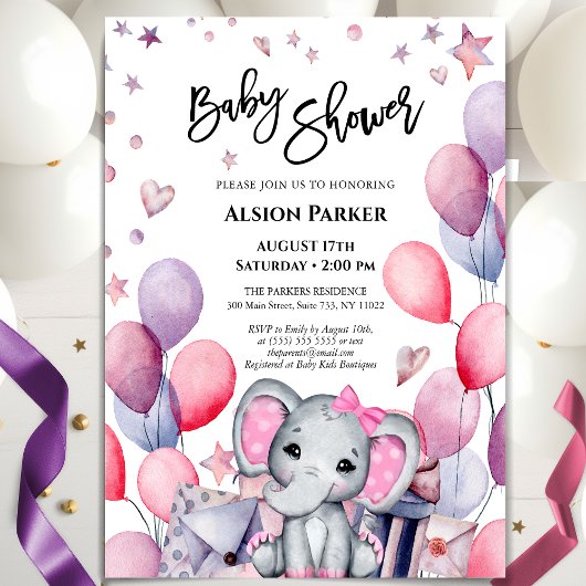 Girl Baby Elephant Pink Balloons Cute Baby shower Kaart