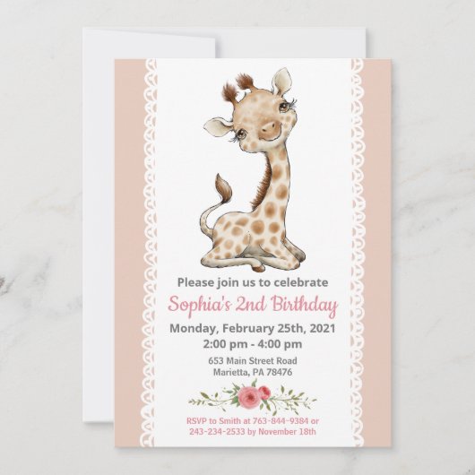 Girl Baby Giraffe Invitation fête d'anniversaire (Devant)