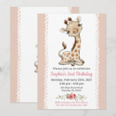 Girl Baby Giraffe Invitation fête d'anniversaire (Devant / Derrière)
