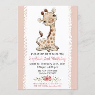 Girl Baby Giraffe Invitation fête d'anniversaire