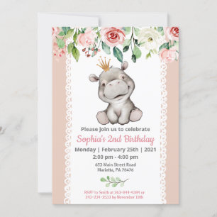 Girl Baby Hippo Birthday Party Invitation Kaart