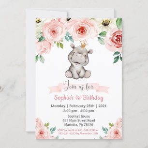 Girl Baby Hippo Birthday Party Invitation Kaart