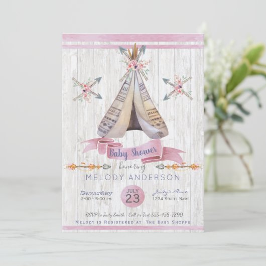 Girl Baby Roze Shower Boho Chic Teepee en Arrows Kaart (Staand voorkant)