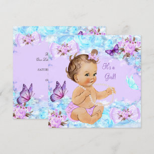 Girl Baby shower Blauwgroen Paars Butterfly Brunet Kaart
