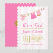 Girl Baby shower Clothes Line Invitation Kaart (Voorkant / Achterkant)