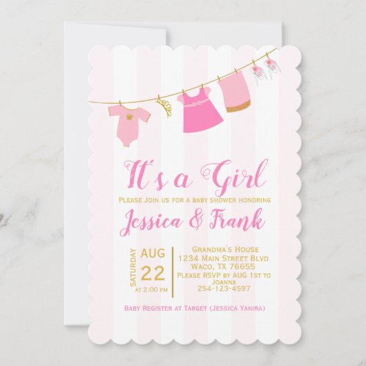 Girl Baby shower Clothes Line Invitation Kaart (Voorkant)
