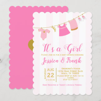 Girl Baby shower Clothes Line Invitation Kaart