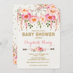 Girl Baby shower nodigt roze Gold Boho Flowers uit Kaart