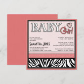 Girl Baby shower nodigt roze Zebra uit Kaart (Voorkant / Achterkant)